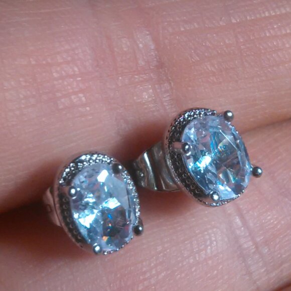 Simulated Blue and White Diamond Silvertone Brass Stud Earrings - Picture 10 of 13
